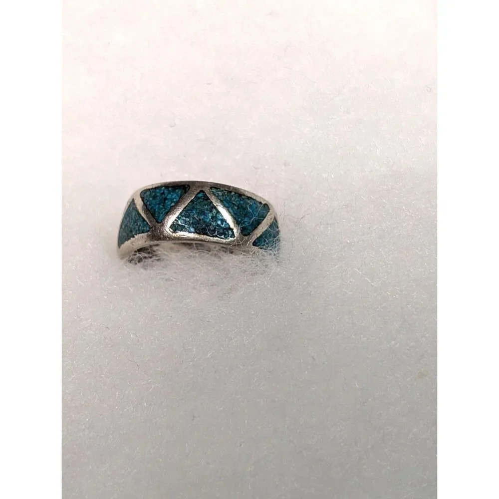 Vintage Turquoise Inlay Sterling Silver Ring, Size 7